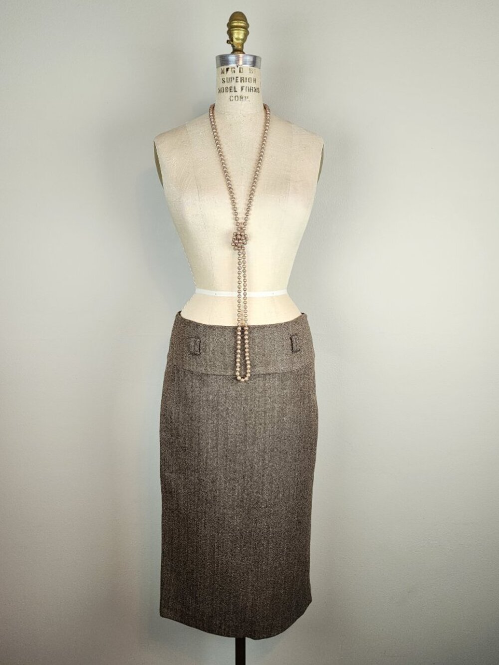 Zara Classic Chocolate Brown Herringbone Tweed Wool Pencil Skirt * Ladies Small